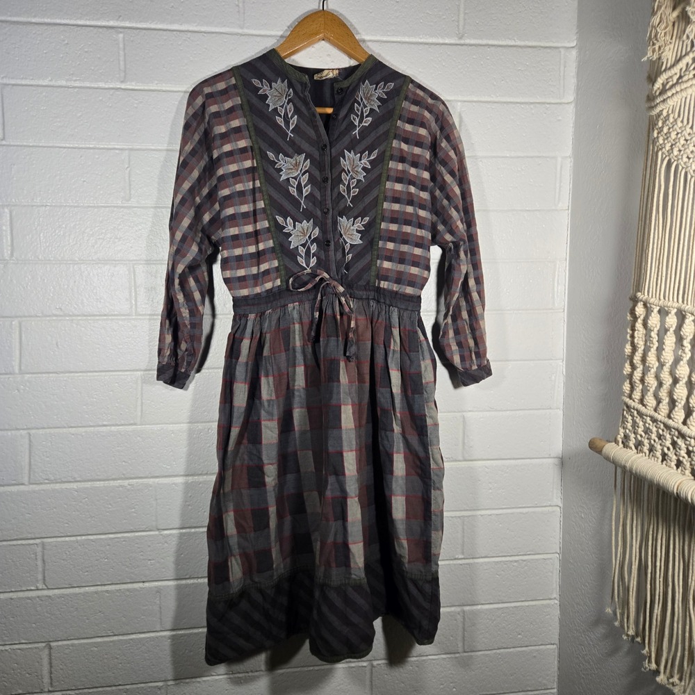 Vtg Walia's Dress Medium Mixed Print Embroidered Cotton Boho Cottage 70s Grunge